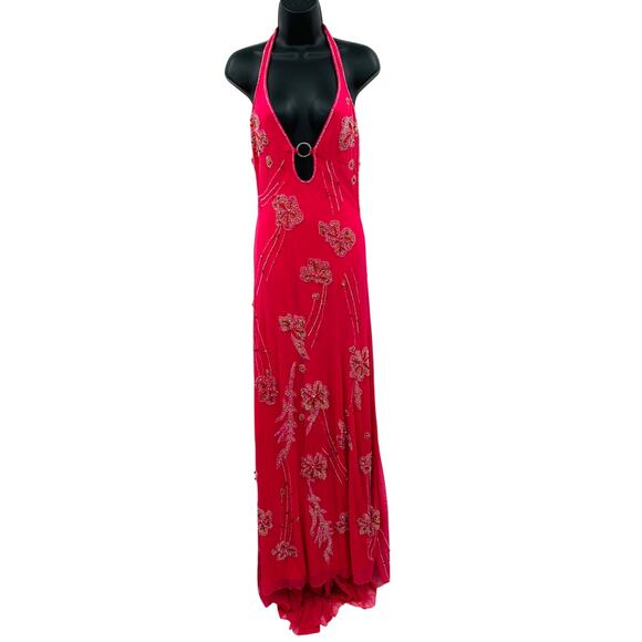 Vintage Dresses & Skirts - Vintage Y2K hot pink halter beaded sequin gown